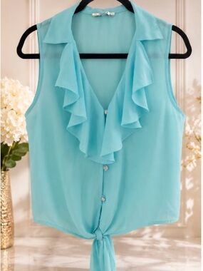 Papaya Turquoise Ruffle Sleeveless Tie-Front Blouse – Size M